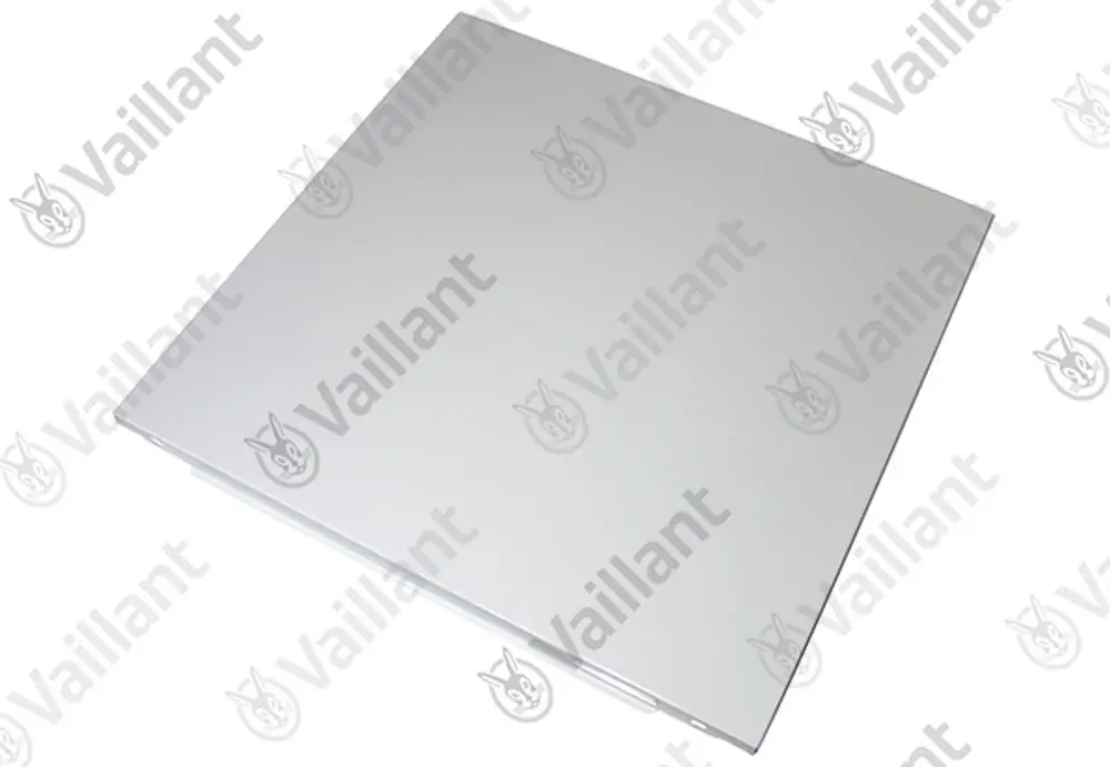 Weiße Abdeckung von Vaillant mit glatter Oberfläche, quadratischer Form, ohne sichtbare Befestigungselemente, auf neutralem Hintergrund.